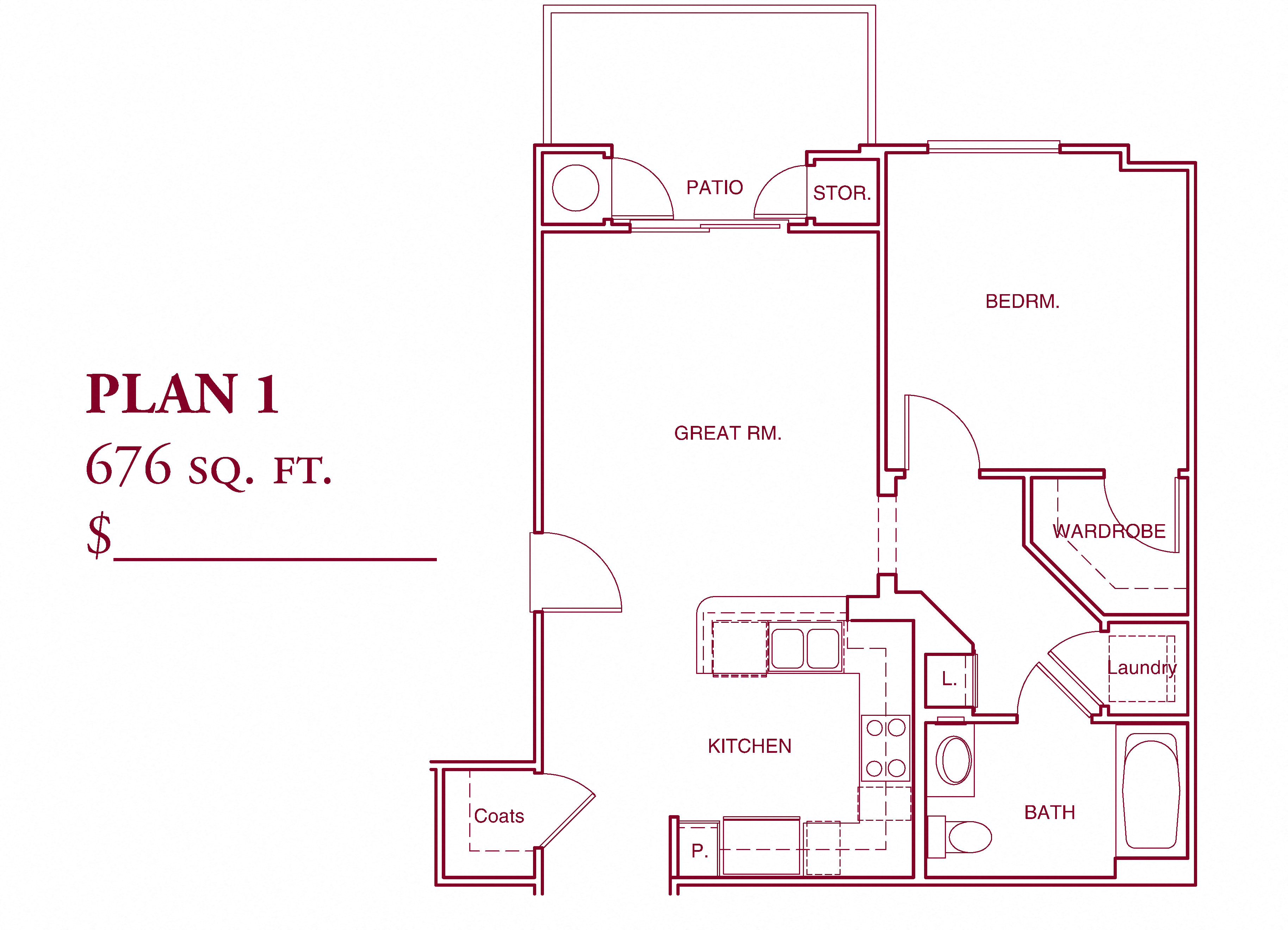 Floor plan for 1 bed, 1 bath, 676 sqft